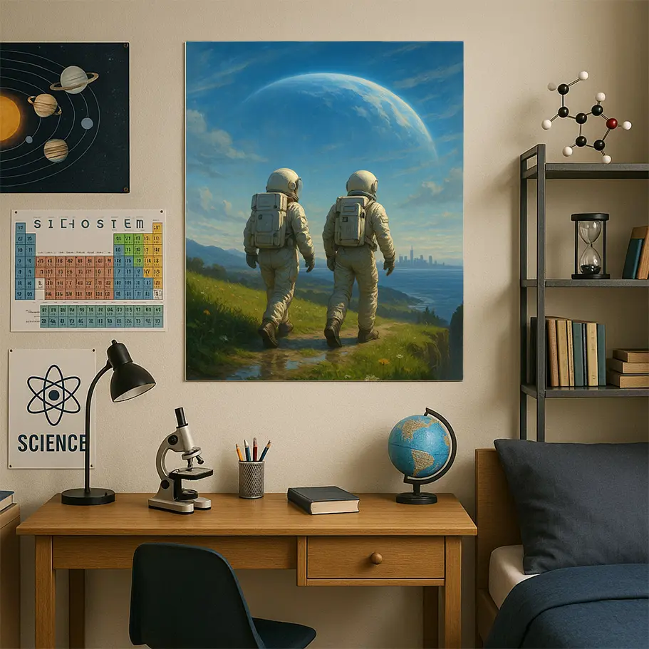 iki-astronot-ve-ufukta-sehir-uzay-manzara-poster-1